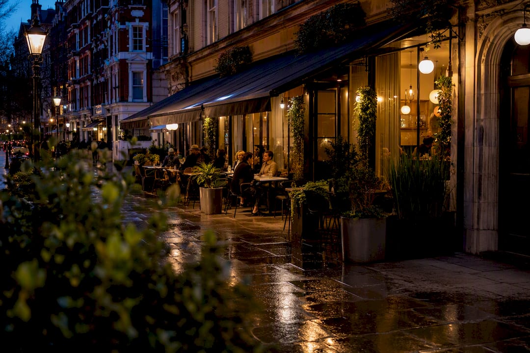 London vegan fine dining restaurant exterior evening