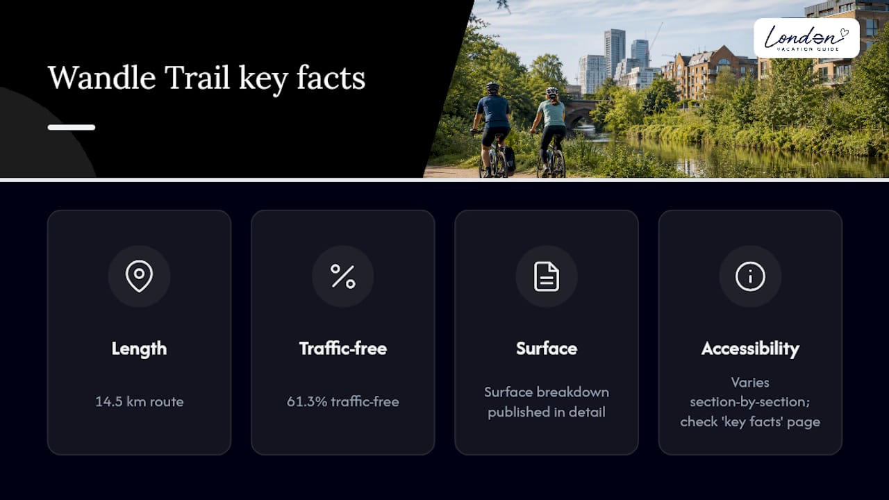 Diagram showing section-by-section breakdown of Wandle Trail surfaces and traffic-free percentages