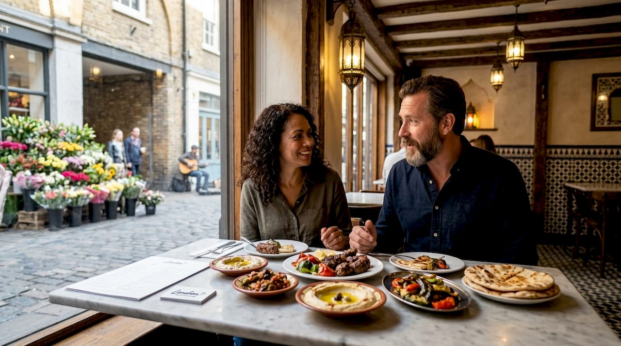 Couple enjoying halal meal inside Covent Garden restaurant