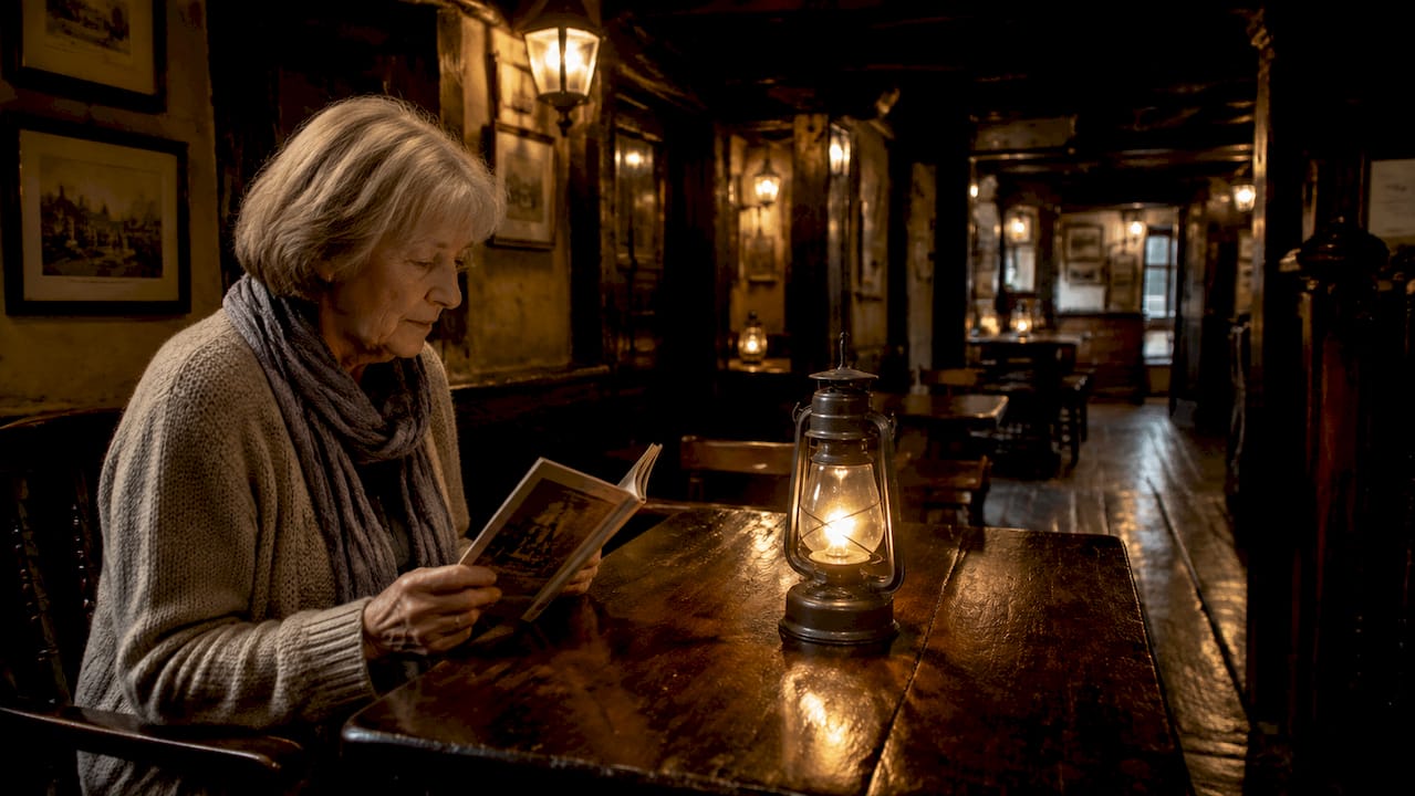 Interior of Ye Olde Cheshire Cheese pub with woman reading
