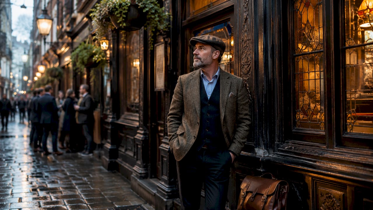 Tourist outside historic Victorian London pub at dusk