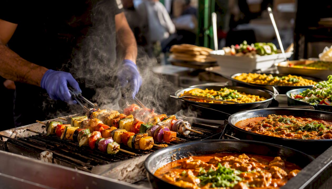 Hot food served at Borough Market stalls