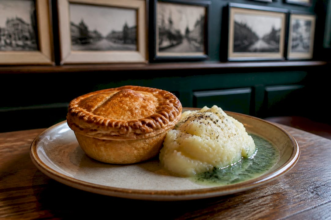 Plate of traditional London pie and mash