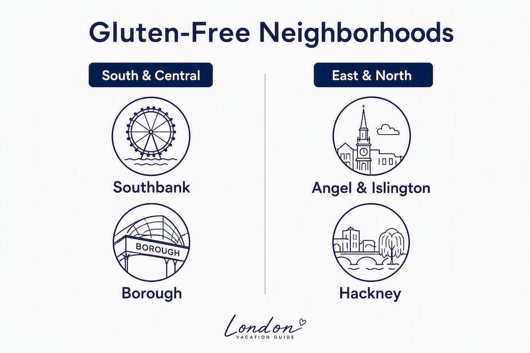 Infographic comparing London neighborhoods for gluten-free dining