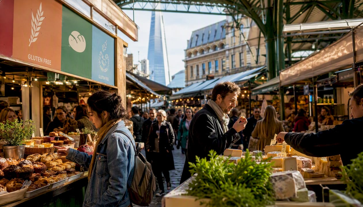 Borough Market gluten-free food stalls with diverse visitors