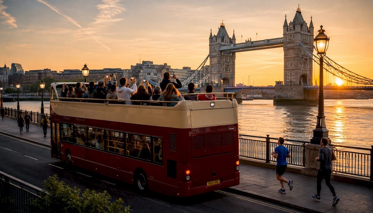Hop-on hop-off bus in front of Big Ben London