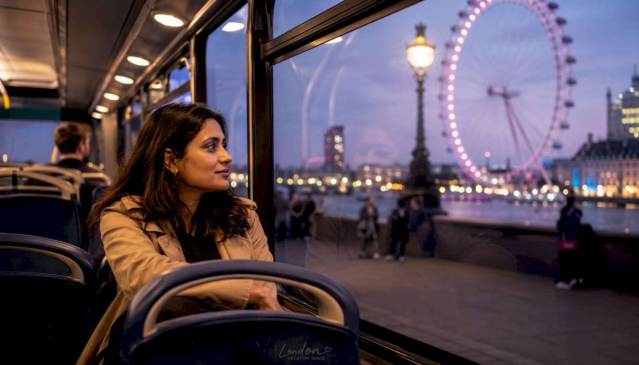 Tourist enjoying London sights from bus interior