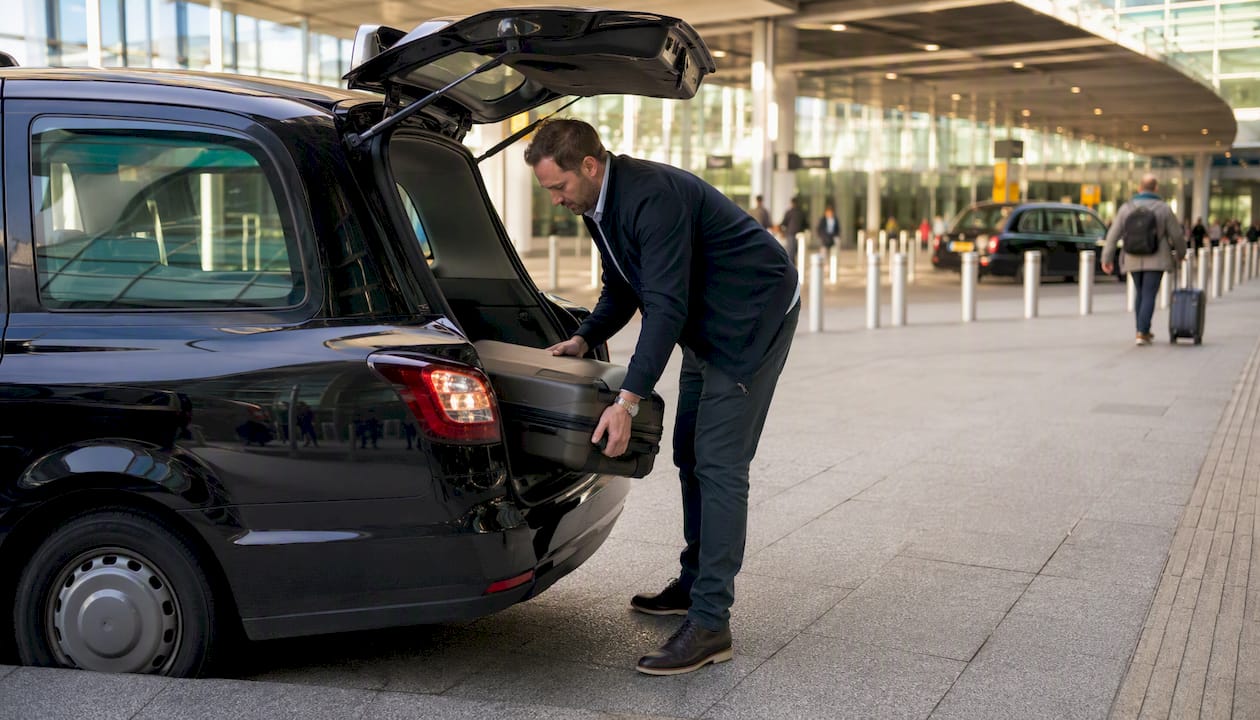 Traveller loading luggage into London taxi at Heathrow