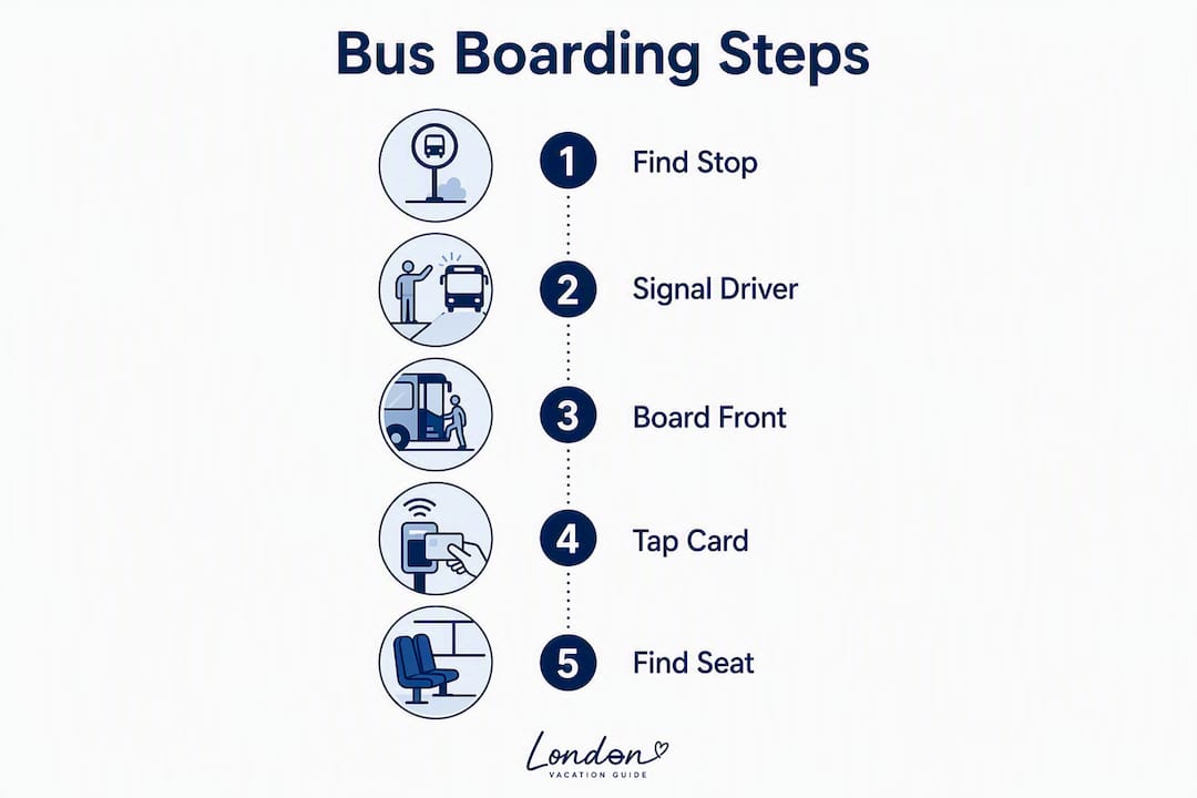 Infographic showing step-by-step London bus boarding process