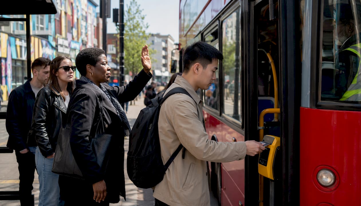 Passengers boarding London bus paying with contactless card