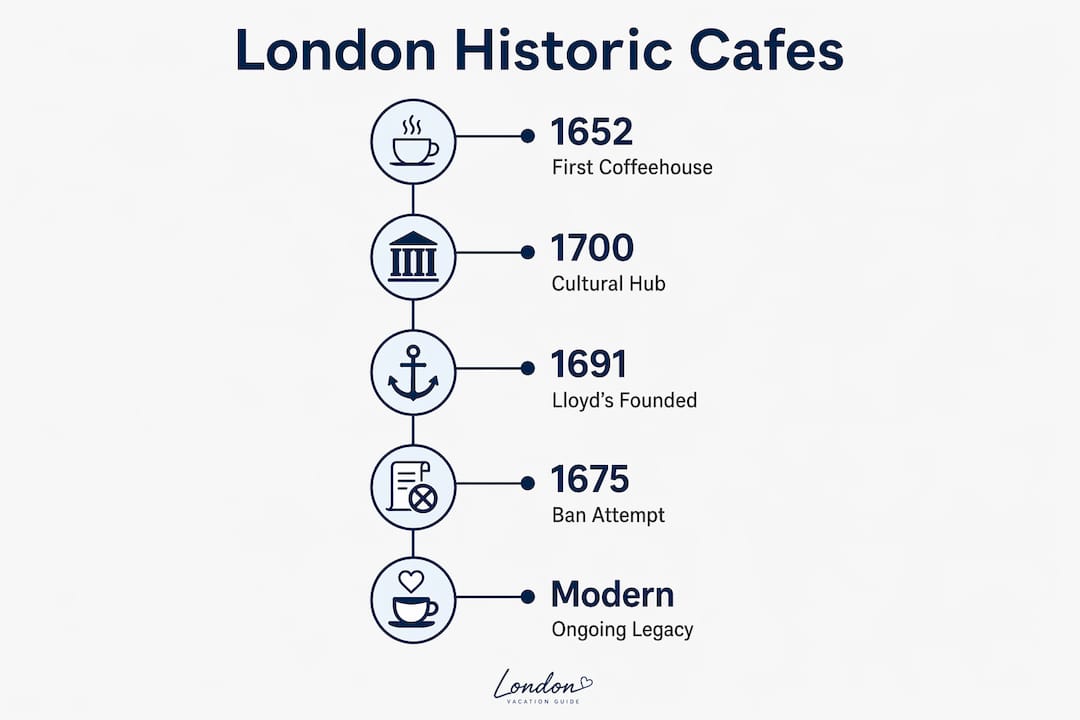 Infographic timeline of historical London cafes with key dates and events