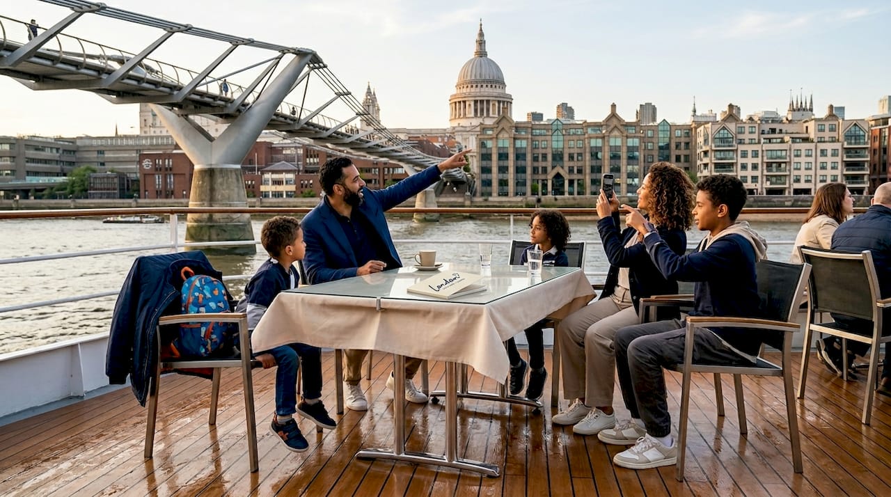 Families on Thames river cruise boat sightseeing