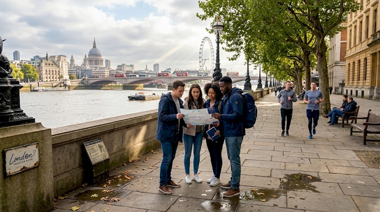 Tourists walking Thames riverside South Bank