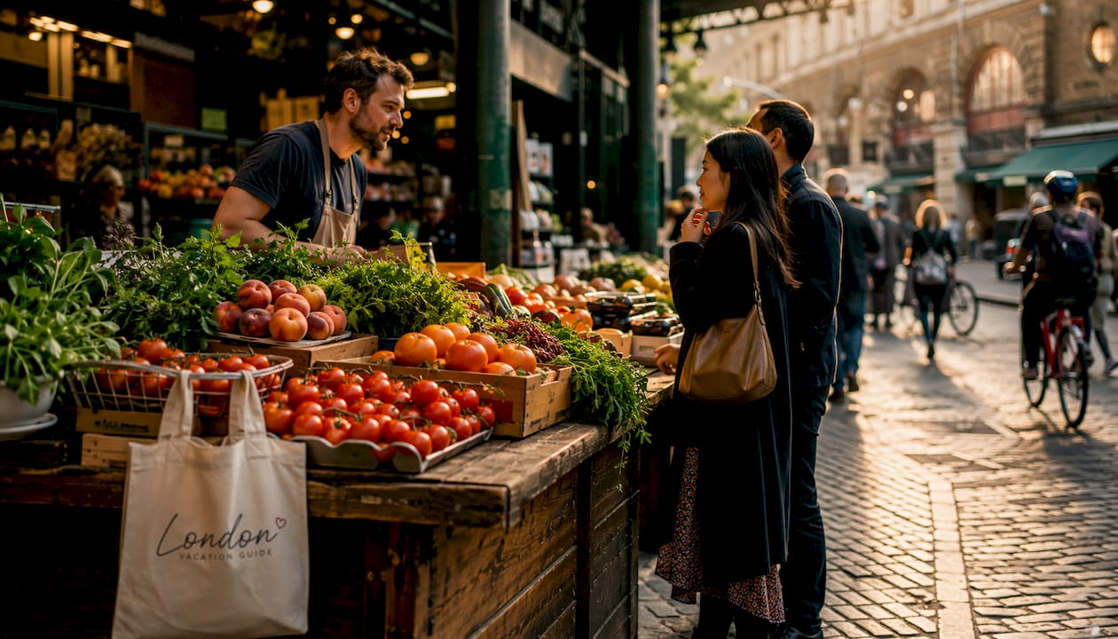 Fresh produce stall with vendor at Borough Market