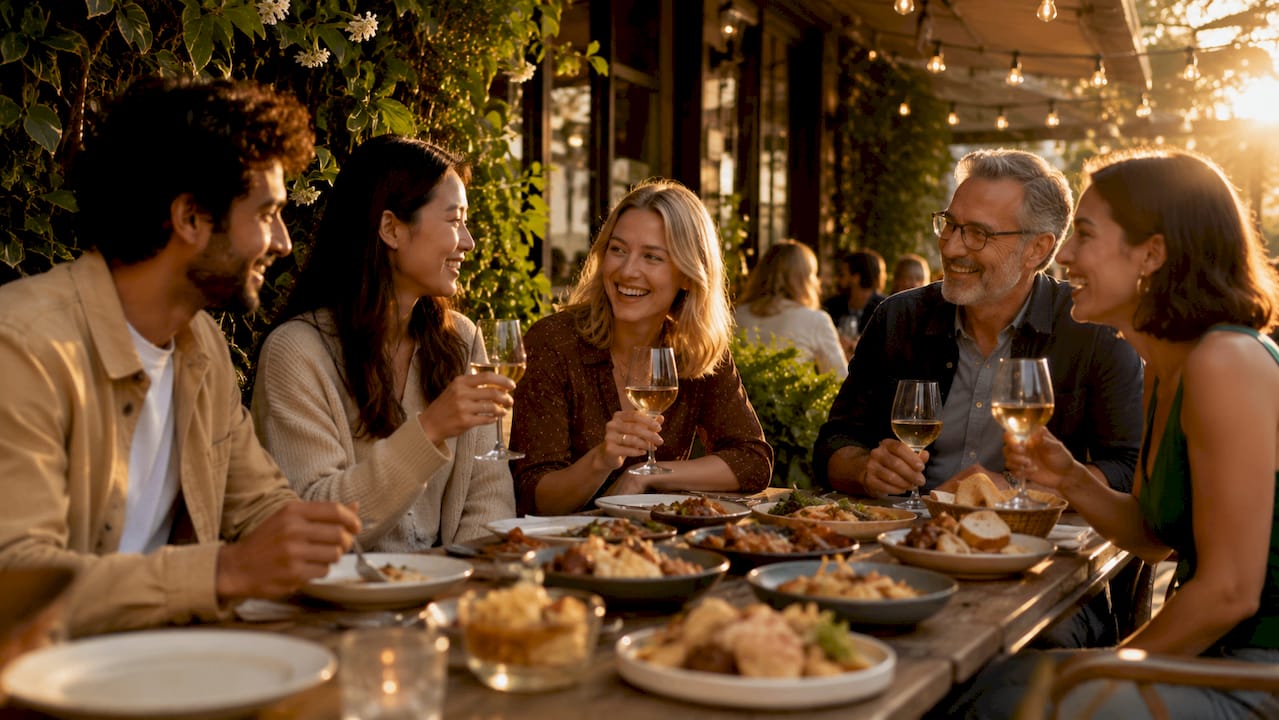 Friends dining socially in Soho restaurant interior