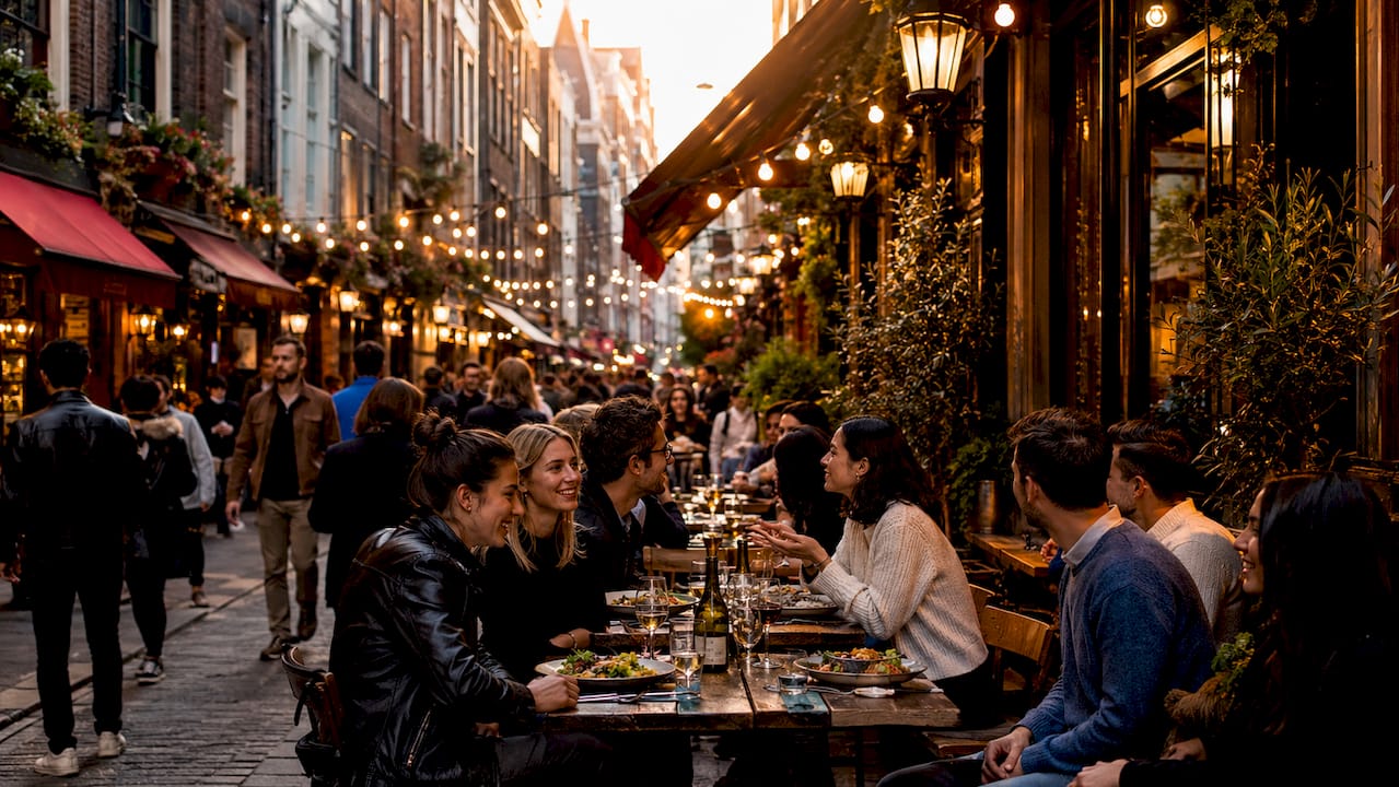 Evening dining scene in Soho, London street