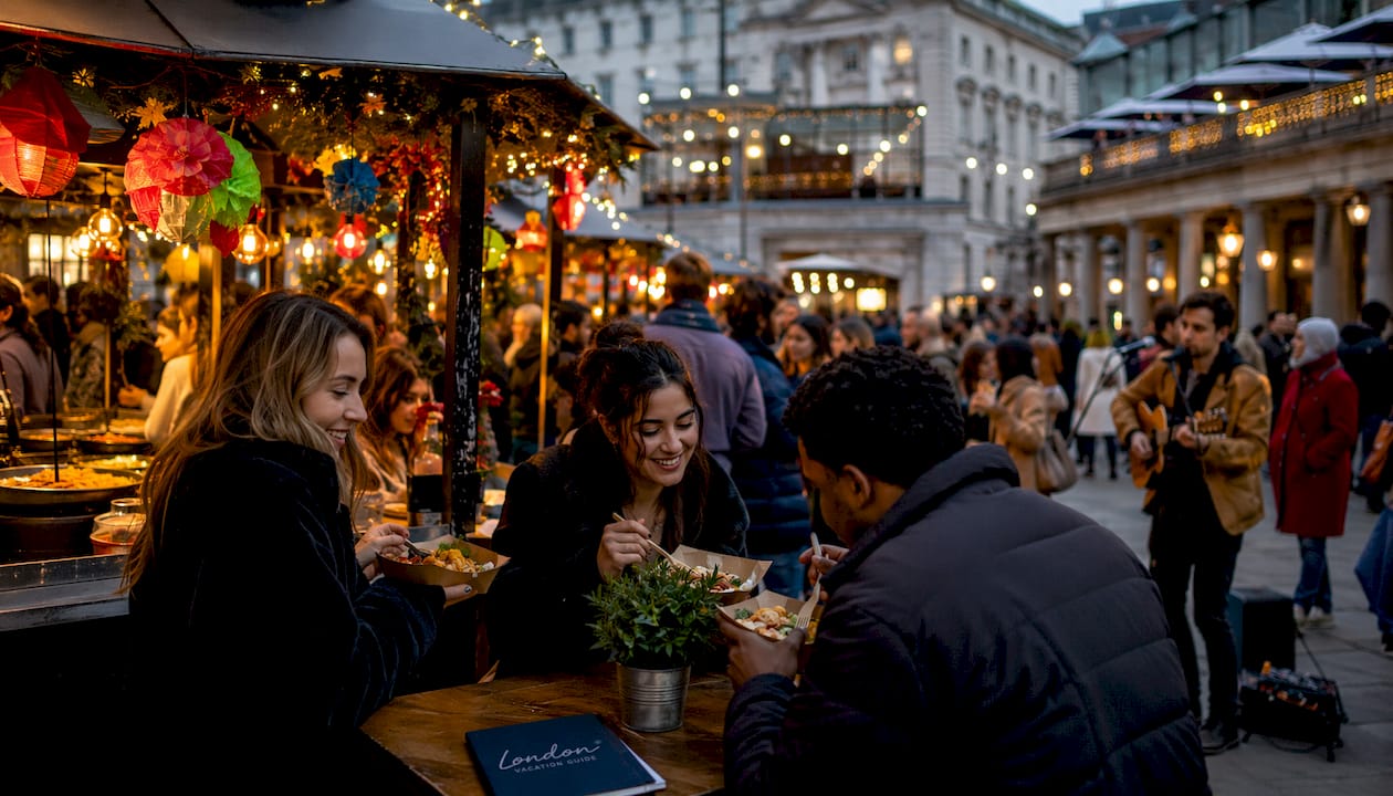 Crowd enjoying street food at Covent Garden market