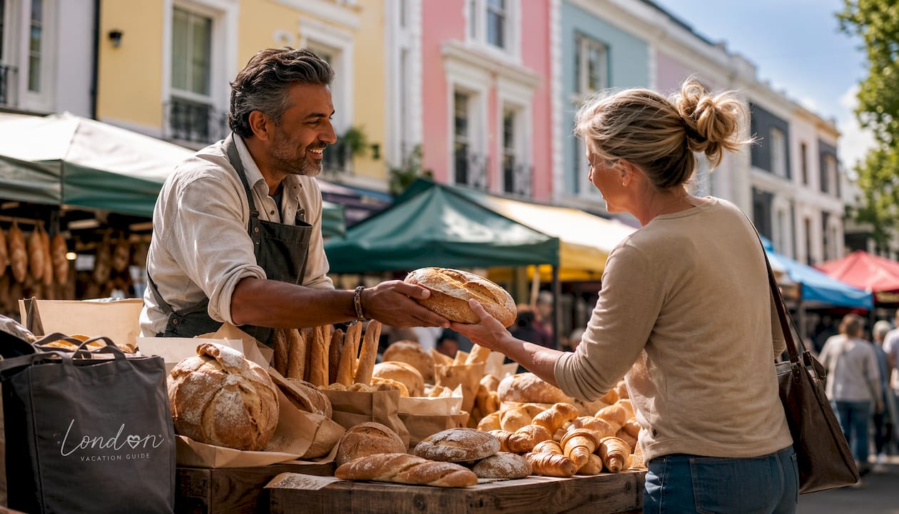 Artisan bread stall at Notting Hill market