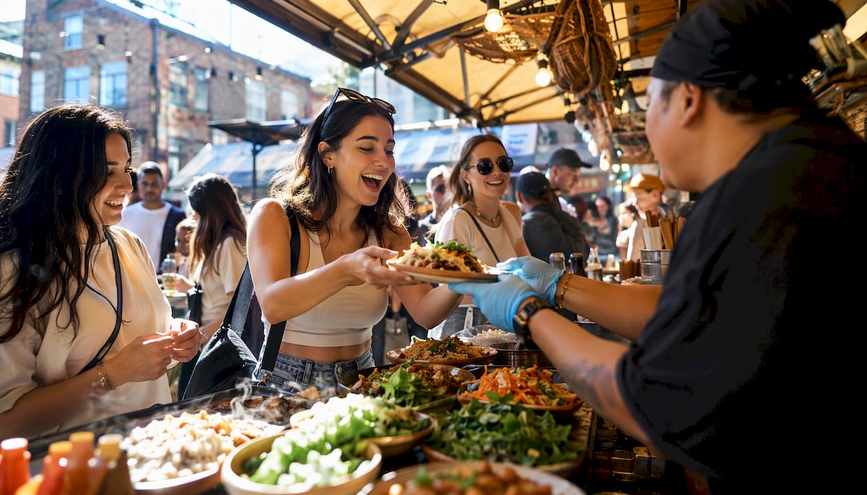 People enjoying food at Camden Market stalls