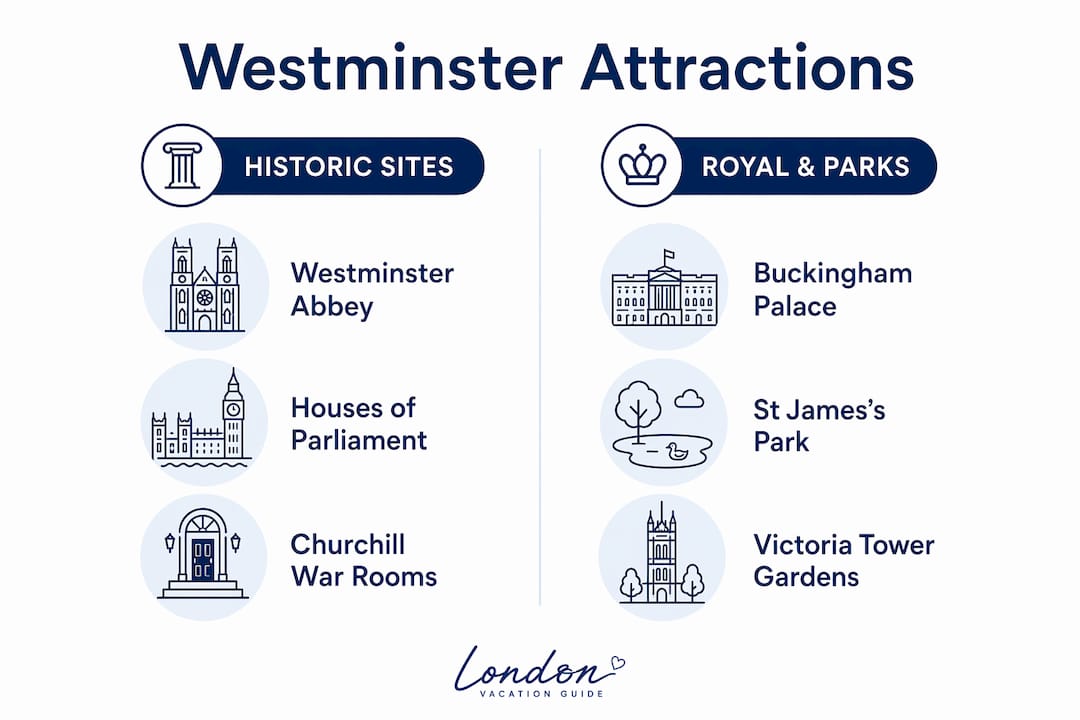 Infographic comparing historic sites and royal parks in Westminster