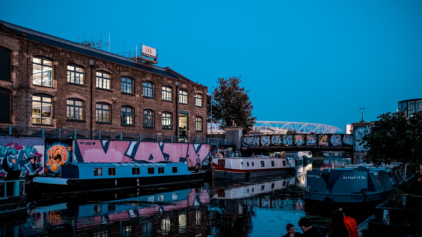 Broadway Market and canal in Hackney east London with street food stalls